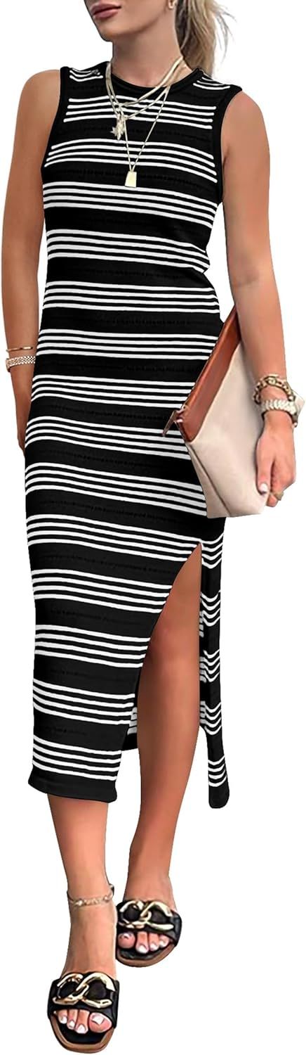 PRETTYGARDEN Women's Summer Bodycon Sundresses Casual Midi Sleeveless Hollow Out Knit Side Slit S... | Amazon (US)