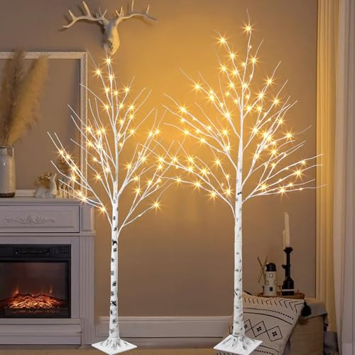 PEIDUO Set of 2 Lighted Birch Tree, Prelit White Christmas Tree, Light Up Artificial Trees with Dimmable & Timer, Twinkling Twig Tree with LED Lights for Home Decorations Outdoor Indoor Decor 5FT 6FT | Amazon (US)