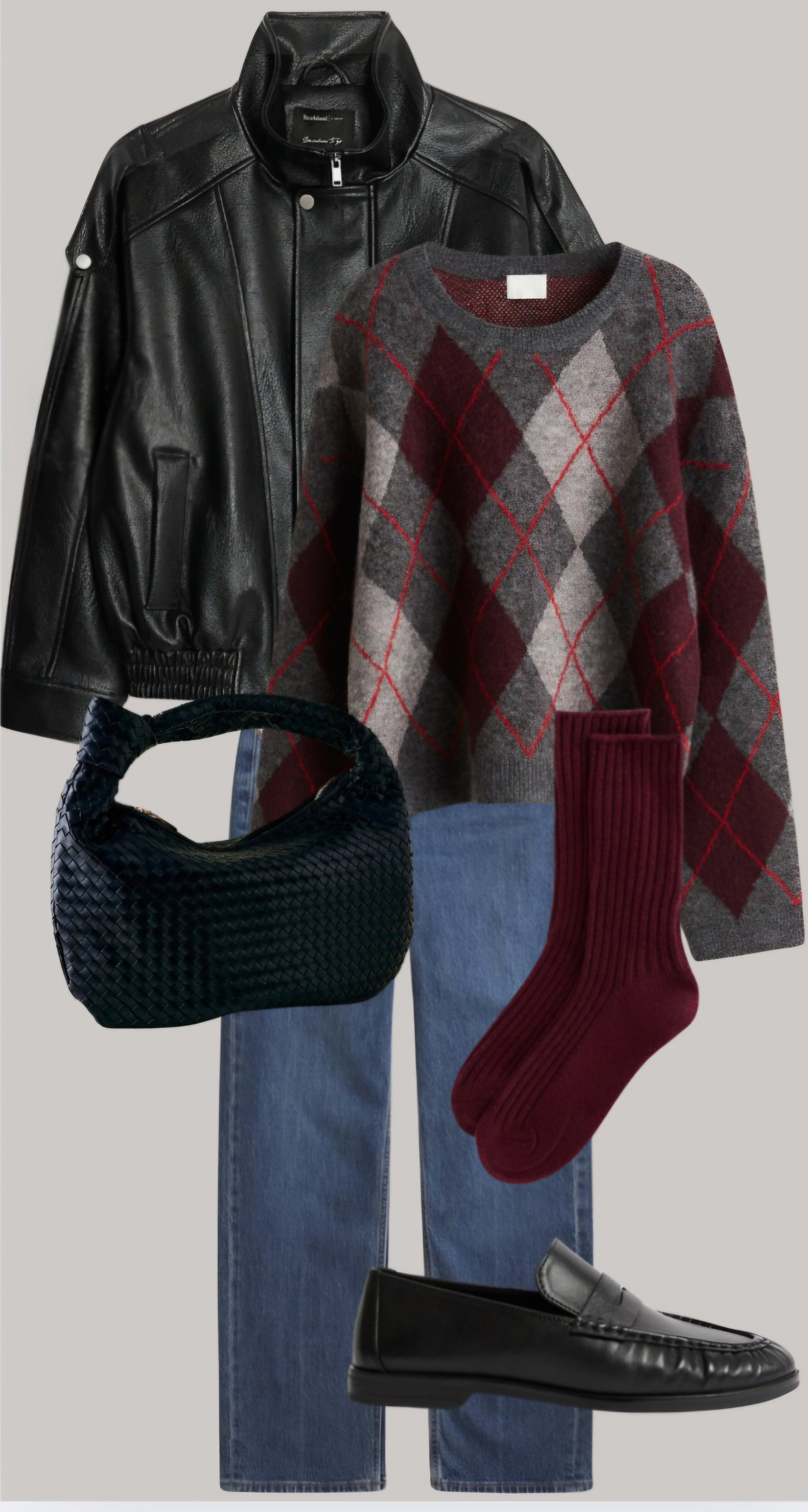 Easy everyday outfit- Argyle sweater - leather funnel neck jacket - straight leg jeans - leather loafers 

#LTKuk #LTKwinter #LTKstyletip