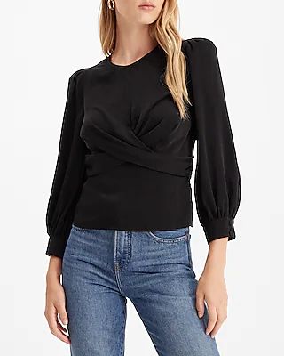 Satin Crew Neck Puff Sleeve Wrap Top | Express