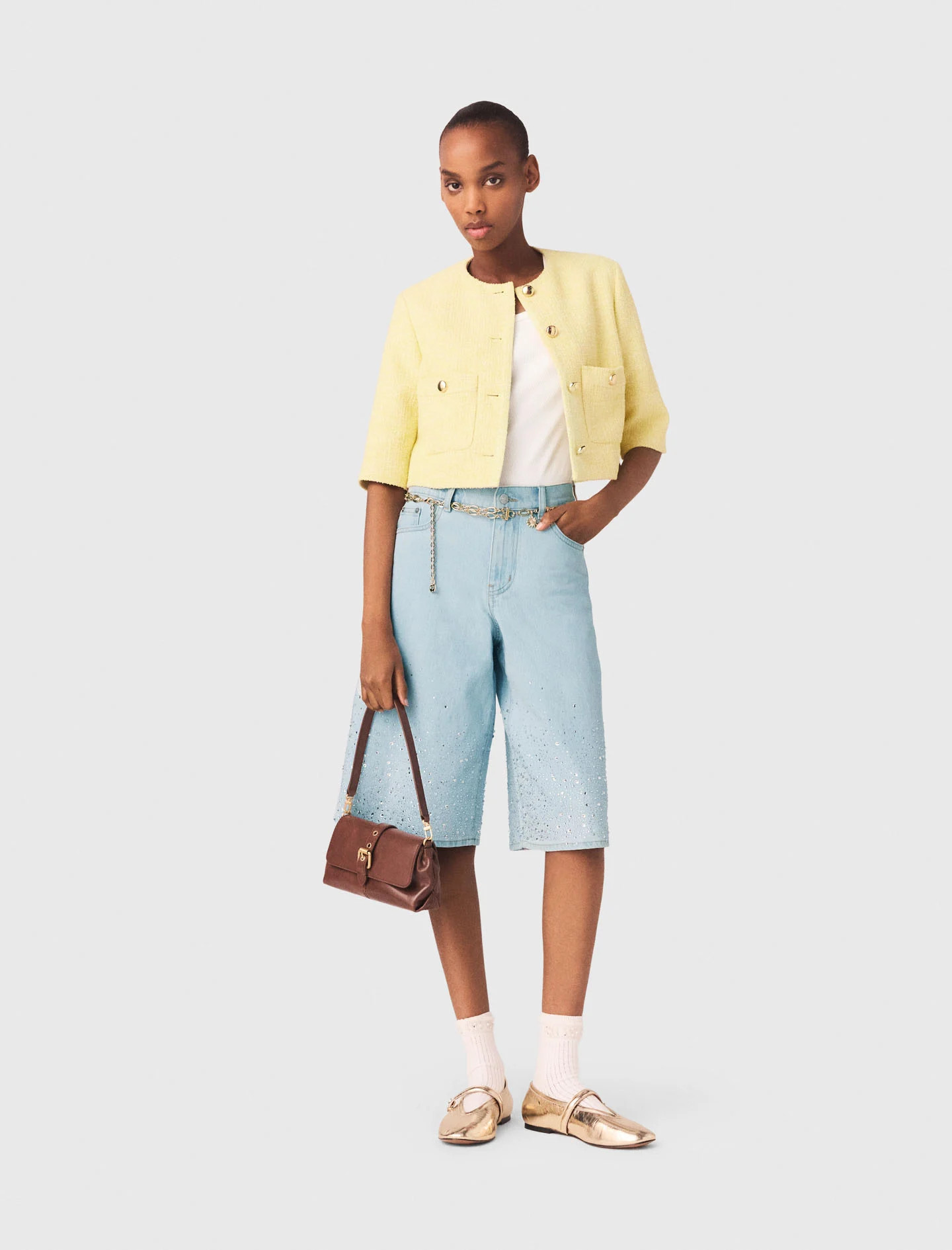 Short-sleeved tweed jacket Yellow / Orange for Women | Maje | Maje US