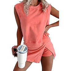 KevaMolly Womens Travel Outfits Summer Lounge Set Two Pieces Mineral Wash Cotton Tank Top Lined S... | Amazon (US)