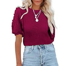 BTFBM Women's Crew Neck Knit Blouses Tops Cute Dot Puff Short Sleeve Casual Solid Color Loose Lightw | Amazon (US)