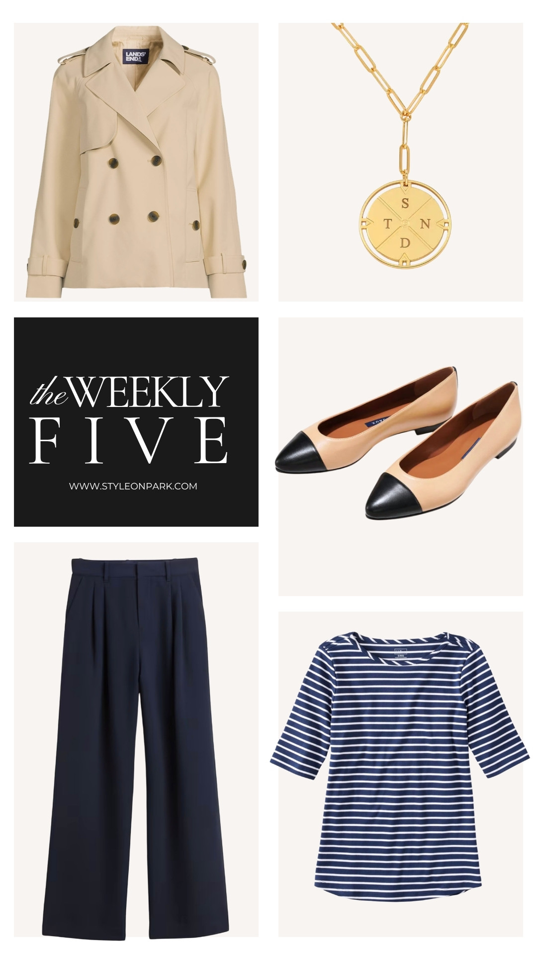 This week's best sellers are in.  Thesea re the pieces you have been loving.

-This relaxed fit trench continues to be a huge hit with you.  

-My compass necklace can be customized with initials.  I have J, B, L, and S on mine for all of my bulldogs. Also available in silver.  

-These flats do not disappoint and continue to be on your list of favorites, too.  I have them in 3 colors because they are that good.  100% leather and handcrafted.

-These pants are great for work and travel.   I wore them on the plane recently and loved that they didn't wrinkle.  

-An easy, everyday striped tee that is super soft and goes great with navy, white or denim.  

 #LTKOver40 #LTKWorkwear #LTKTravel