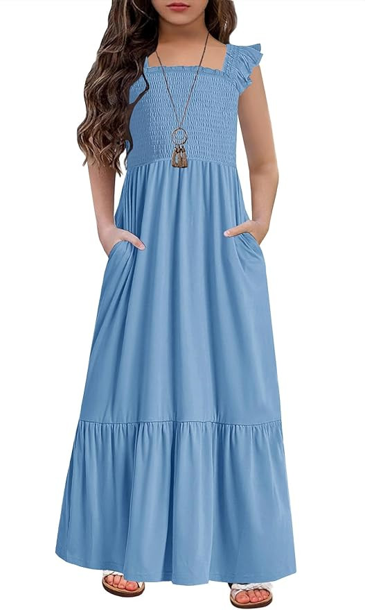 HOSIKA Girls Summer Sundress Casual Sleeveless Smocked Aline Flowy Tiered Maxi Boho Beach Dress w... | Amazon (US)