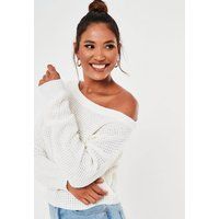 Petite White Off The Shoulder Knit Sweater | Missguided (US & CA)