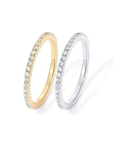 PAVOI 14K Gold Plated 925 Sterling Silver Two-Toned Stackable Rings for Women | 2-Piece Mixed Metals Thin Band Set with Cubic Zirconia | Simulated Diamond Eternity Wedding Ring | Size 10 | Amazon (US)