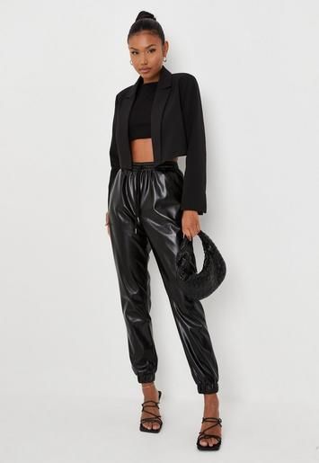 Missguided - Tall Black Faux Leather Jogger Trousers | Missguided (UK & IE)
