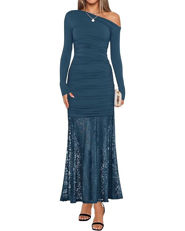 ZESICA Women's Long Sleeve Off Shoulder Bodycon Dresses Fall 2025 Ruched Lace Wedding Guest Cockt... | Amazon (US)