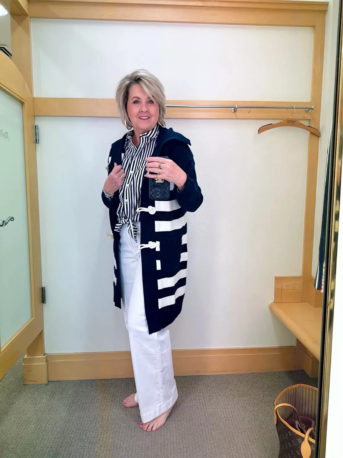 Talbots Womens Shirt Top Medium White Blue Tan Striped Long Sleeve Knit