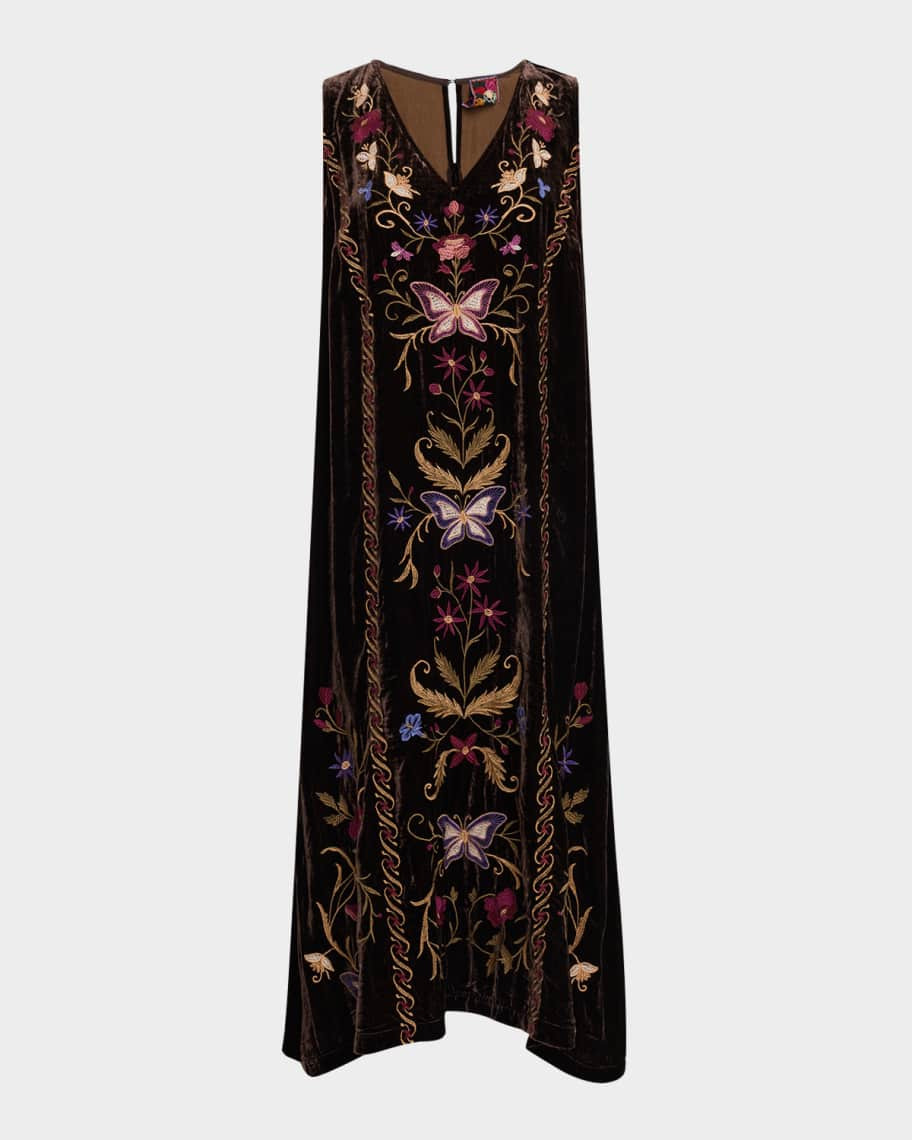 Johnny Was Sleeveless Floral-Embroidered Velvet Midi Dress | Neiman Marcus