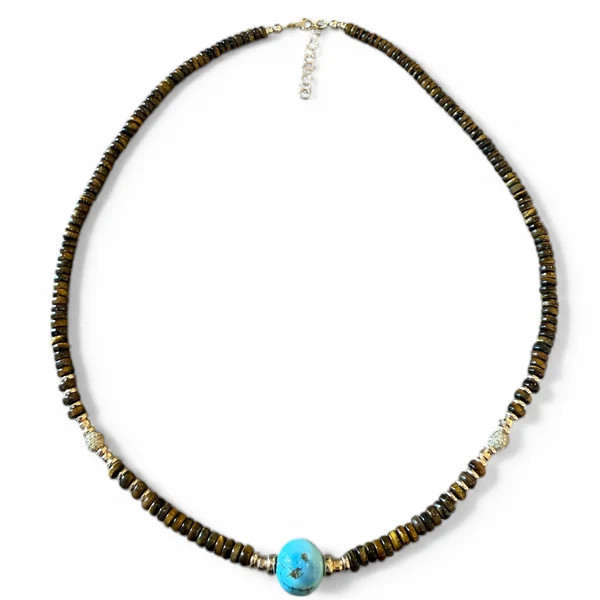 TIGERS EYE, TURQUOISE AND DIAMOND BEAD NECKLACE – SHAKTI | SHAKTI JEWELRY