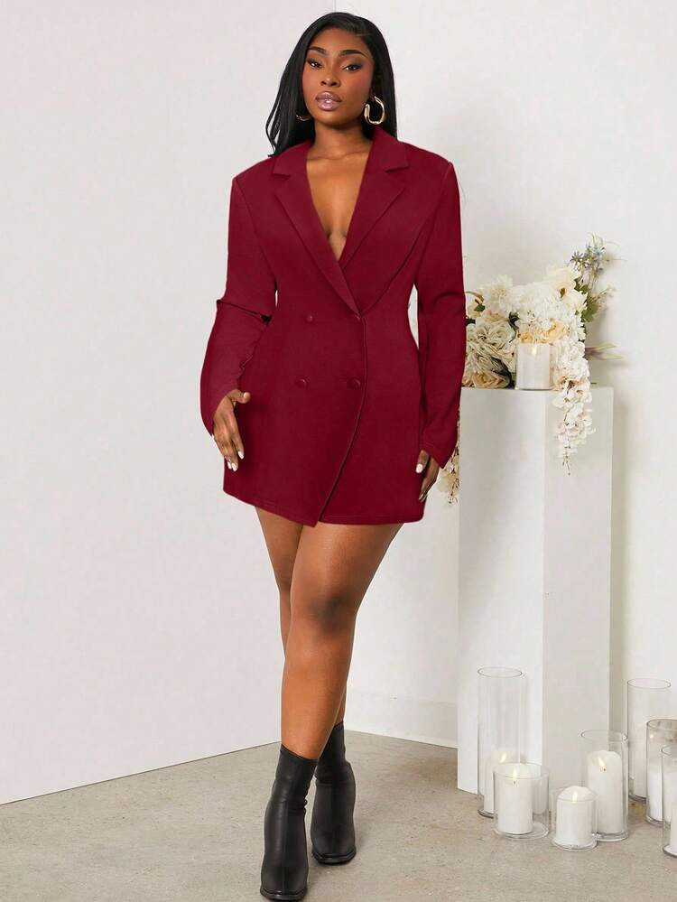 SHEIN SXY Plus Size Women Solid Color Lapel NeckLong Sleeve Double-Breasted Sexy Blazer Dress In Fall/Winter | SHEIN