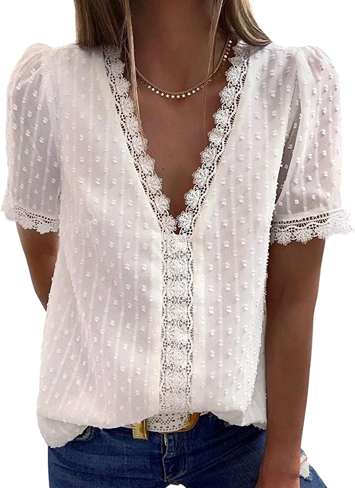 Dokotoo Women's V Neck Lace Crochet Tunic Tops Flowy Casual Blouses Shirts | Amazon (US)