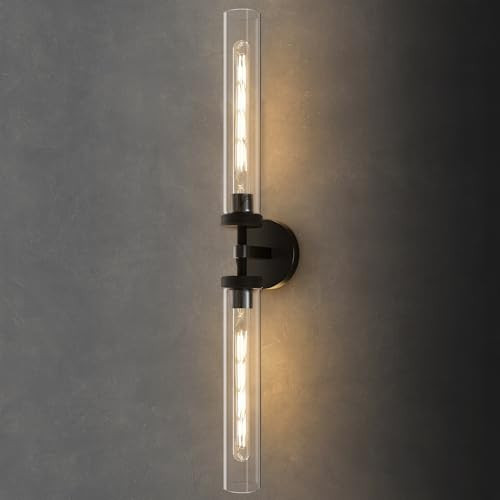 Knurled Brass Tube Wall Sconce - Luxury Modern Dimmable Sconces with Bulbs - Black Glass Vanity Light Fixture - Vertical or Horizontal Mounted Indoor Lighting for Bathroom Bedroom Living Room | Amazon (US)