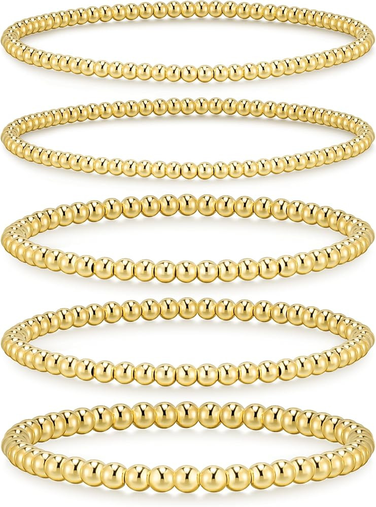 jollone Gold Bracelets for Women Gold Beaded Bracelets for Women 14K Gold Plated Stretch Gold Bra... | Amazon (US)