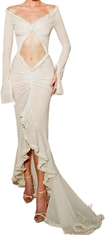 MOLERFO Bodycon Maxi Dress Bow Scrunch Butt Ruffle Mesh Dresses Beach Summer Bell Sleeve Y2k Cock... | Amazon (US)