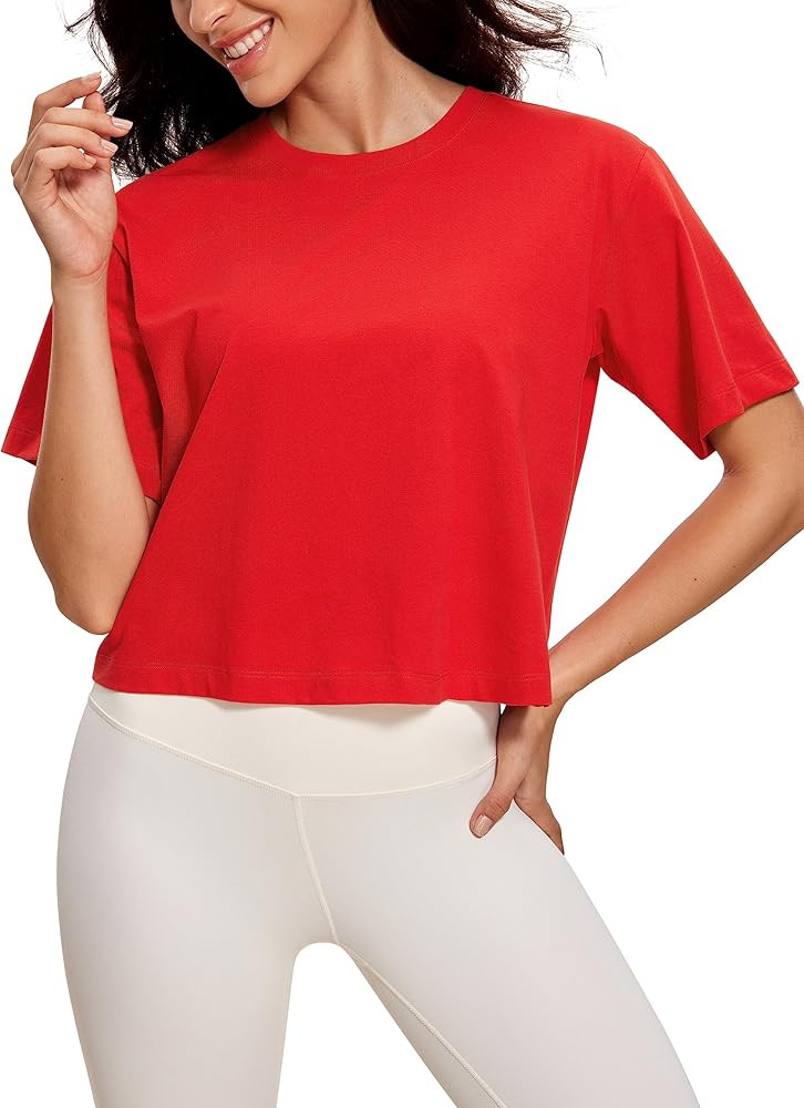 CRZ YOGA Womens Loose Fit Cotton Polyester Short Sleeve Shirts Crop Tops Casual Workout T-Shirts | Amazon (US)