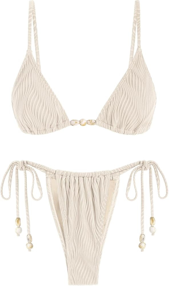 seamoly Women's Bikini Sets Ribbed Beaded Adjustable Spaghetti Strap Swimsuit Tie Side Thong Sexy... | Amazon (US)