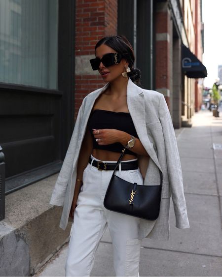 Chic modern Summer outfit ideas 
Mango linen blazer wearing an XS
Black tube top via Nordstrom wearing an XS
Walmart white cargo pants wearing a 0
Saint Laurent belt
Saint Laurent sunglasses



#LTKunder100 #LTKunder50 #LTKstyletip