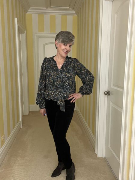 Date night look/ Evereve top (S)/ AG velvet jeans (29/ grey booties (8)