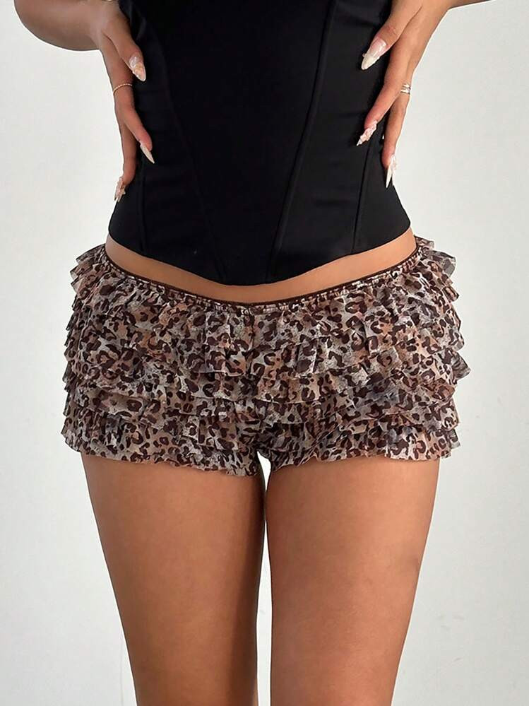 Aloruh Women's Fashion Colorblock Lace Trim Bow Leopard Print Mesh Layered Ruffle Hem Mini Shorts... | SHEIN