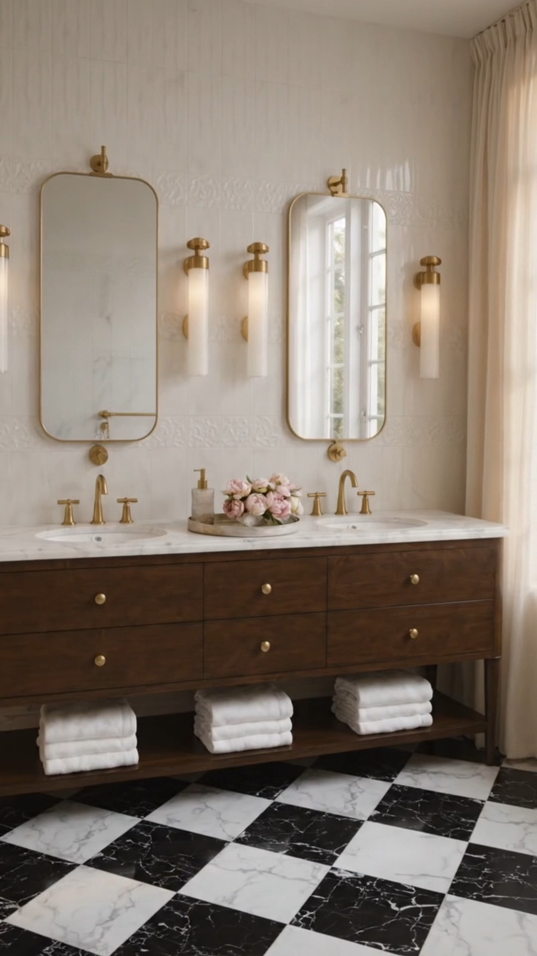 Unwind in the master bath.

Modern Classic is making a big comeback, and it’s easy to see why. Timeless details, clean lines, and thoughtful materials never go out of style.

This cherry wood double vanity brings warmth and character to the space, while the marine-grade plywood construction adds durability for everyday living. I love that it’s designed with all drawers—because the more drawers, the better. Everything has a place, making storage feel organized and effortless.

The thick Carrara marble countertop adds a classic layer of luxury, while the sleek solid brass mirrors and lighting keep the look refined and modern. And there’s always something special about a black-and-white checkerboard marble floor in a bath—it creates a calm, elegant foundation that feels both classic and fresh.

Finished with French pleated linen drapes and soft natural light, this is the kind of space that invites you to slow down, relax, and unwind.

#DoubleSinkVanity #ModernClassic #BathVanity #BathMirror #BathWallSconces #LavatoryFaucet #BlackCheckeredTile #Drape #CarraraMarble #CherryWoodVanity #MasterBath #BathroomDesign #TimelessInteriors #InteriorDesign #BathroomInspiration #bathaccessories

#LTKdayinmylife #LTKHome #LTKselfcare