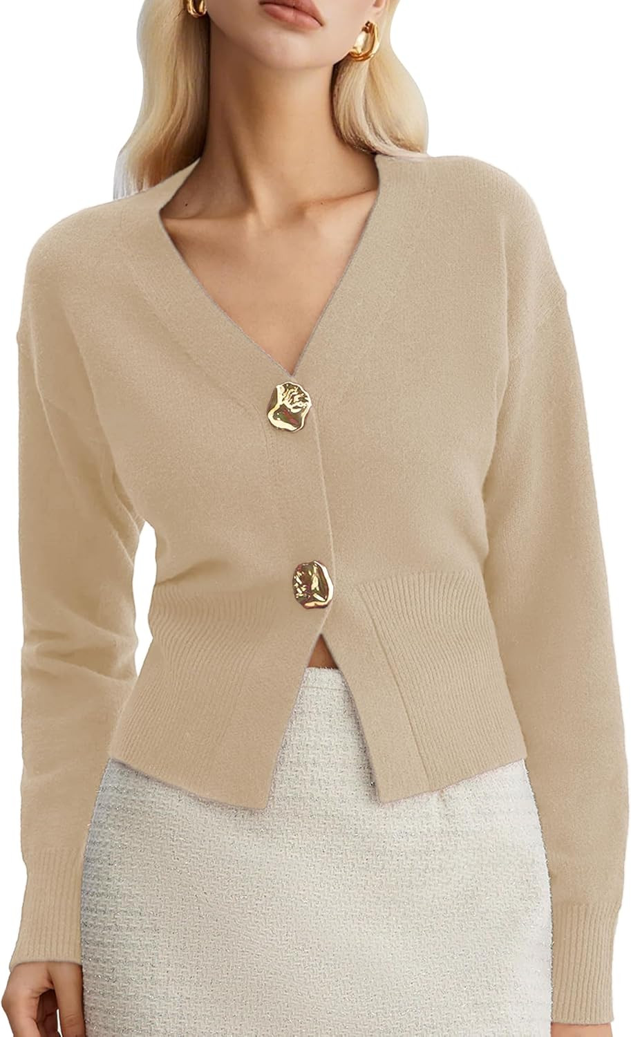 Womens Cropped Gold Button Sweaters Long Sleeve Pullover Tops | Amazon (US)