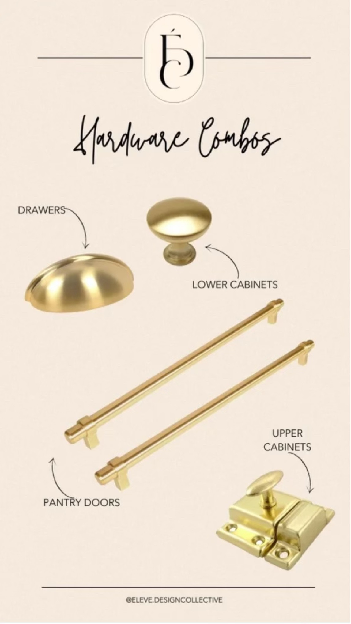 Mixing hardware is the way to elevate your kitchen and bathroom! These are some of our favorites! All available on Amazon and all easily self installed!

#ltkhome #ltkdiy #diy #amazon #cabinetupgrade #kitchen #interiordesign #elevedesigncollective #designboards #fullservice #homedecor #homerenovation #ispired #home #virtualdesign 