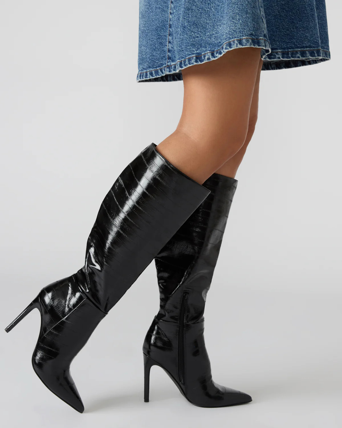 NITRO Black Eel Pointed-Toe Stiletto Heel Knee-High Women's Boots | Steve Madden (US)