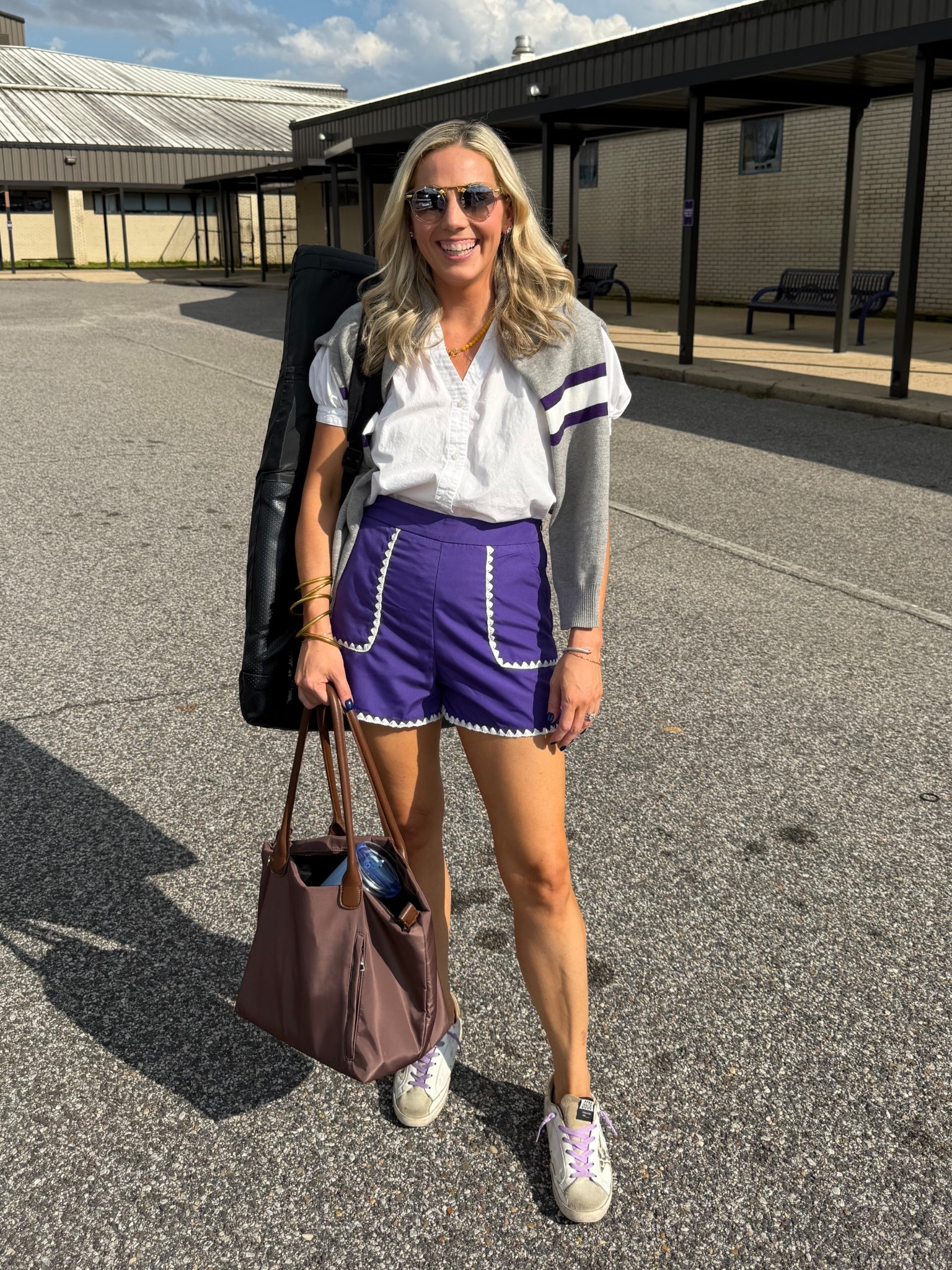Volleyball straight to Football outfit! Rocking my purple and gold! Shirt is an old staple, linking similar. Shorts and pullover are both Avara and I’m in my true size small! Shoes are old golden goose! 

#LTKFindsUnder100 #LTKPetite #LTKStyleTip