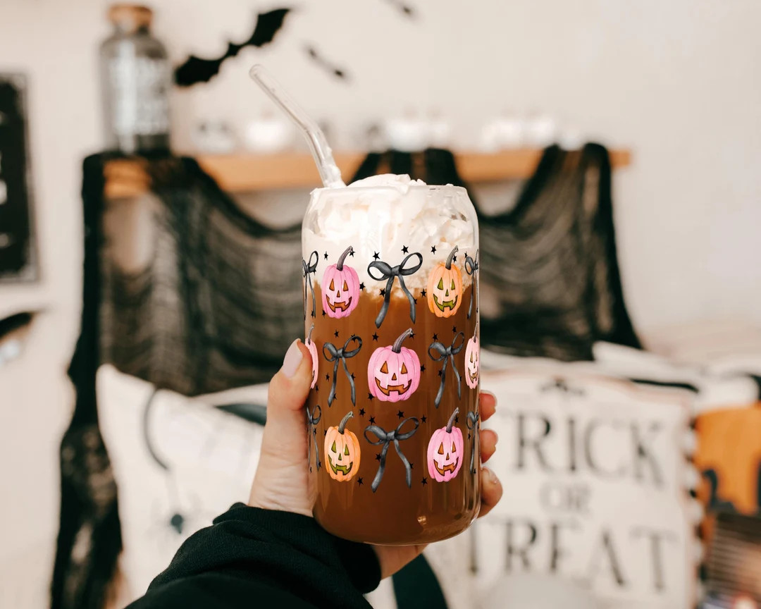Pumpkins and Bows Halloween Cute Glass Cup With Lid and Straw, Fall Iced Coffee Glass Spooky Seas... | Etsy (US)