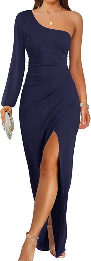 ZESICA Women's One Shoulder Long Sleeve Cocktail Dress Sexy Side Slit Ruched Bodycon... | Amazon (US)