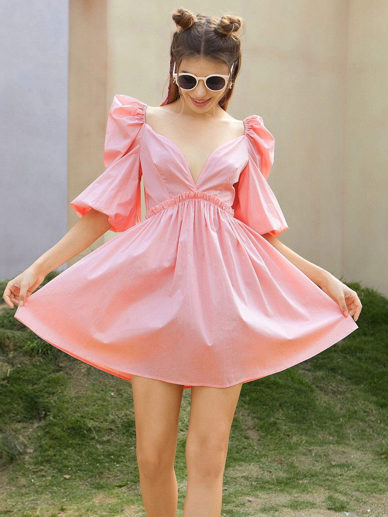 Double Crazy Plunging Neck Lantern Sleeve Frill Dress | SHEIN