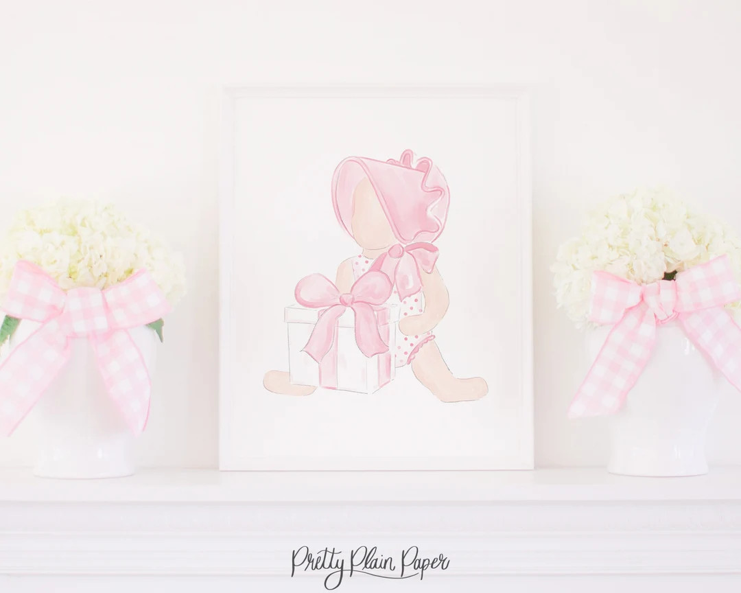 Watercolor Pink Bonnet Artwork Print 8x10 or 16x20 Printable Download Grandmillennial Nursery Art... | Etsy (US)