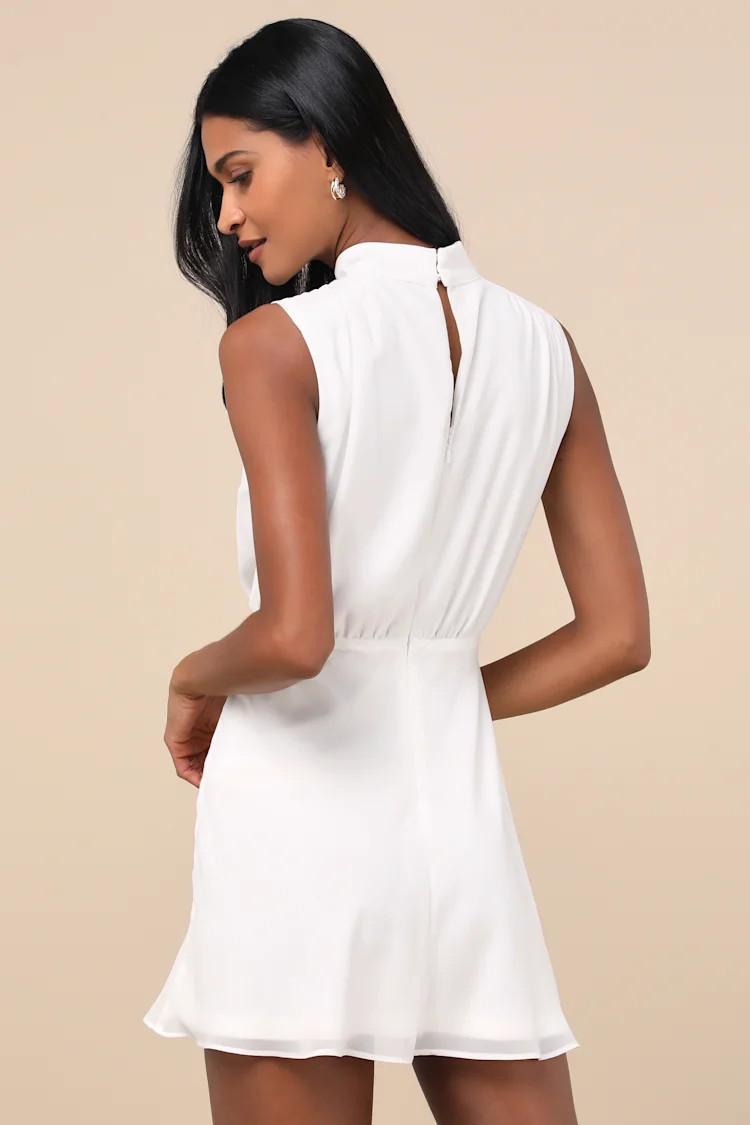 Classic Elegance White Chiffon Sleeveless Mock Neck Mini Dress | Lulus