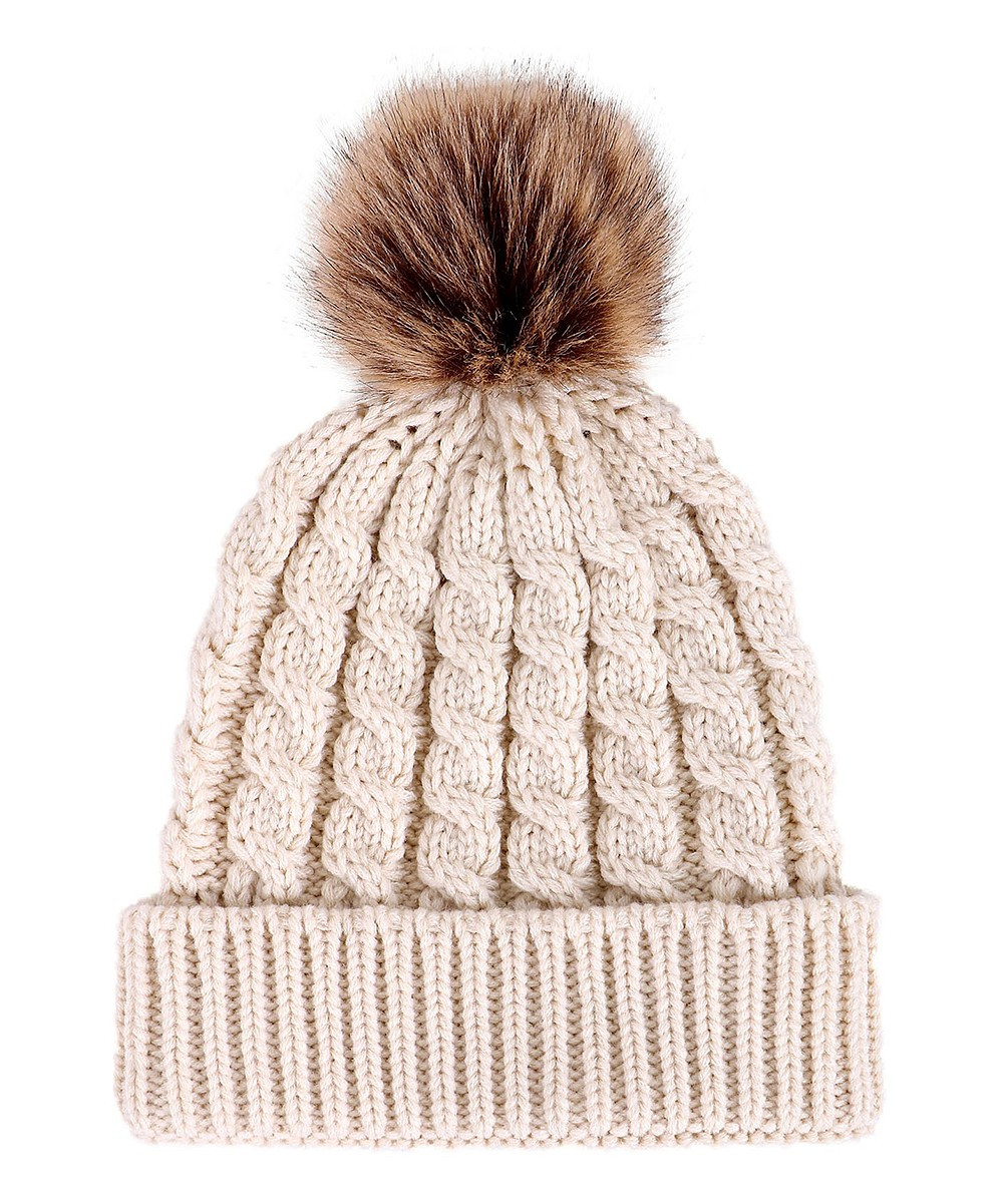 Cream Cable-Knit Faux-Fur Pom-Pom Beanie - Women | zulily