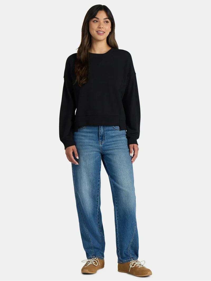 Time and Tru Women’s Ribbed Panel Sweatshirt with Long Sleeves, Sizes XS-XXXL | Walmart (US)