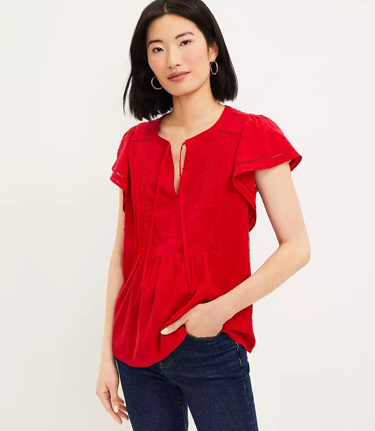 Clip Tie Neck Flutter Sleeve Top | LOFT