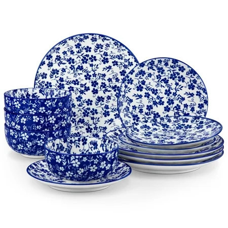 MALACASA 12 Piece Blue and White Porcelain Dinnerware Set, Elegant Ceramic Plates and Bowls set for 4, Traditional Floral Design, Dishwasher & Microwave Safe, Gerbera | Walmart (US)