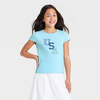 Girls' Embroidery Short Sleeve 4th Of July USA" Graphic Baby T-Shirt - art class™ Light Blue S" | Target