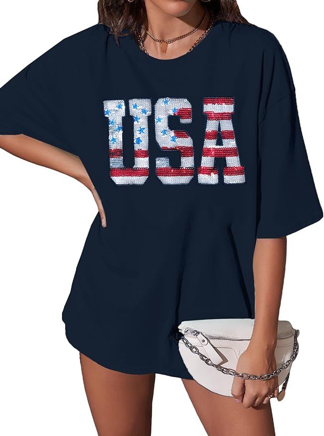 USA Sequin Tops American Shirts : Patriotic Oversized Tshirt Womens Fourth of July Shirts Short S... | Amazon (US)