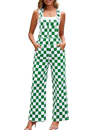 YXLUOKY Overalls for Women Loose Fit Jumpsuits Fashion Checkered Straight Leg Pants Stretch Bib Coveralls(Green Checkered,L) | Amazon (US)