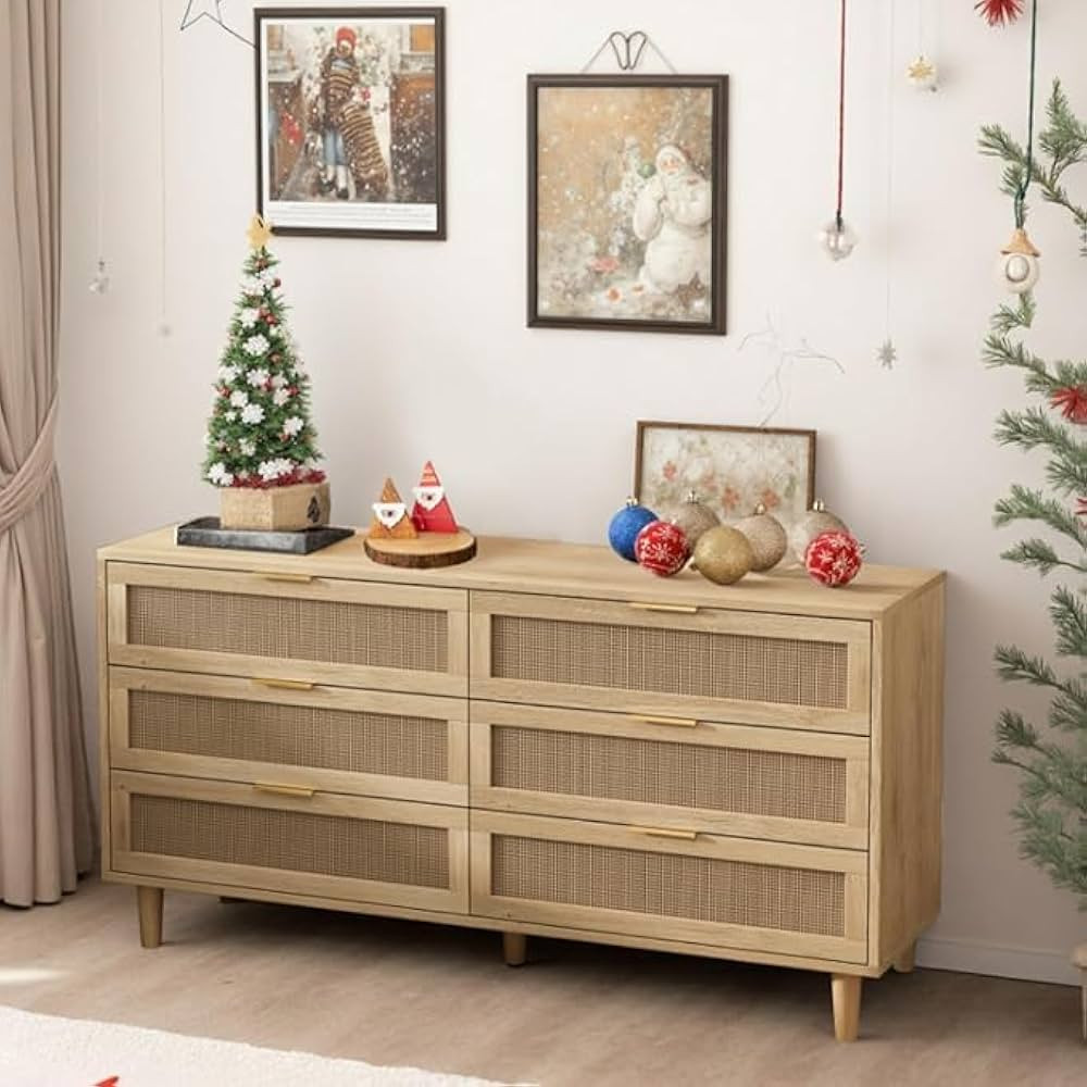 6 Drawer Dresser for Bedroom, Natural Wood Dresser Rattan Boho Dressers, Mid Century Modern Dress... | Amazon (CA)