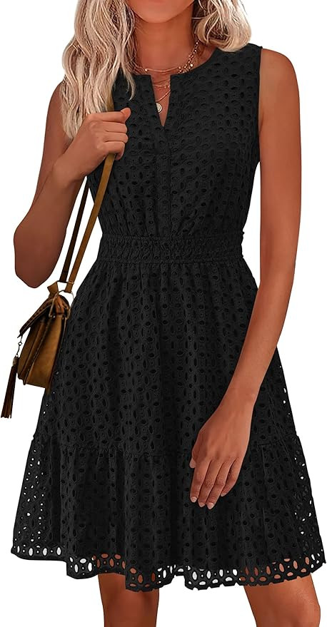 PRETTYGARDEN Women's Summer Dresses 2026 Sleeveless V Neck Eyelet Hollow Out Swing A Line Beach V... | Amazon (US)