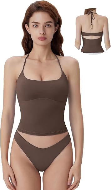 SUUKSESS Halter Tops for Women Tank Tops with Built in Bras Double Lined Backless Top Y2K Going O... | Amazon (US)