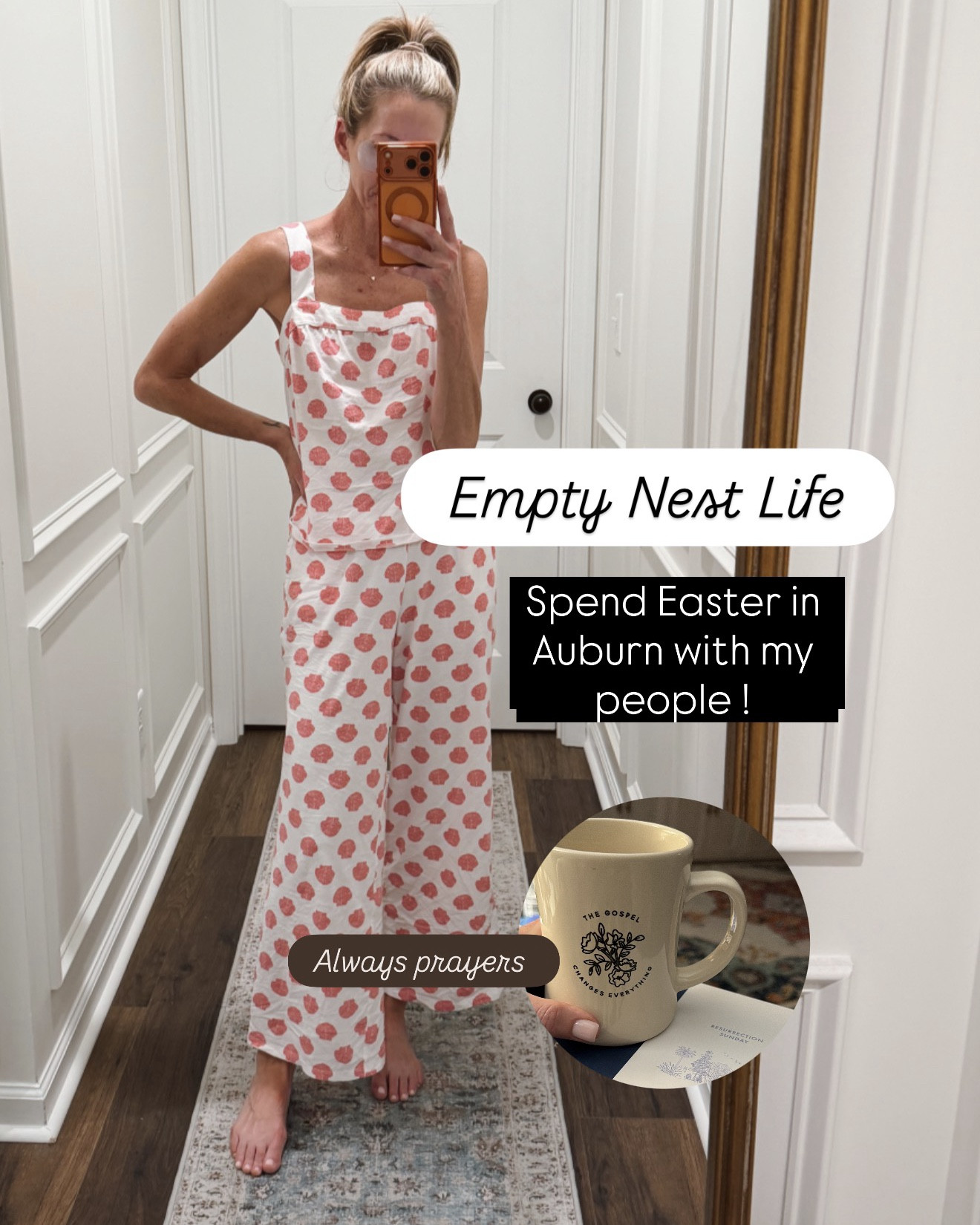 POV: Easter Sunday as an empty nester mom equals early morning coffee, quiet prayers, and a full heart thinking about all the new rhythms this season brings, which included loading up in the dark and driving to Auburn for church. Mason had to be at church early to serve, so we were off before sunrise to get there on time. We made it with minutes to spare, and it was so worth it. The worship was wonderful, and the message of hope felt even sweeter this year. We waited for Mason to finish serving, then headed to brunch, shared a few more hugs and laughs before making our way back home, unpacking, settling in, and finishing the day with a quiet gratitude walk, reflecting on the same truth from my morning prayer… He has risen, and I’m so grateful for it all.