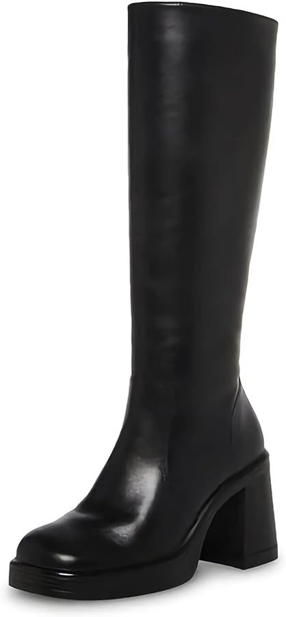 Black Leather Boots Platform Boots for Women Square Toe Chunky Block Heeled Boots | Amazon (US)