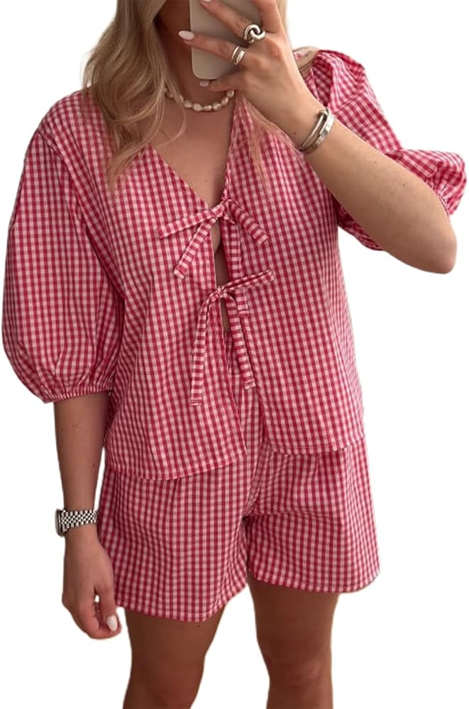 Women Y2k Plaid Pajama Sets Cute Tie Front Peplum Blouse + Wide Leg Gingham Shorts 2 Piece Lounge... | Amazon (US)