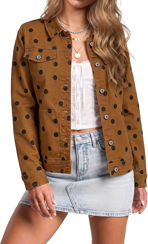 luvamia Jean Jacket Women Polka Dot Fall Stretch Denim Jacket With Pockets | Amazon (US)